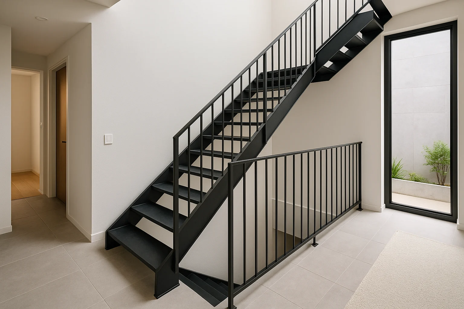 Model tangga besi rumah minimalis bergaya modern dengan desain ramping dan elegan.